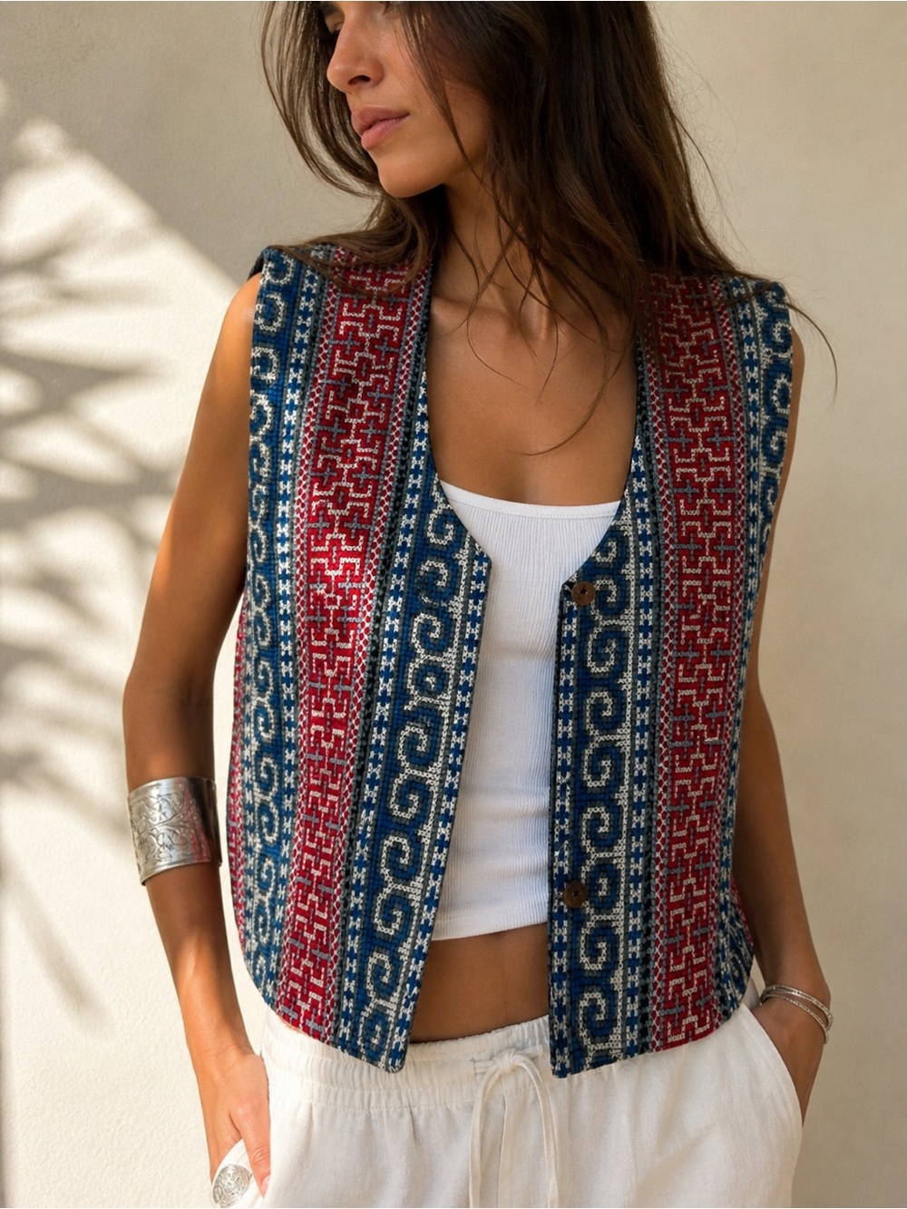 Vintage Reversible Woven Vest Artisanal Boho Euro Summer M/L 80s 90s Statement